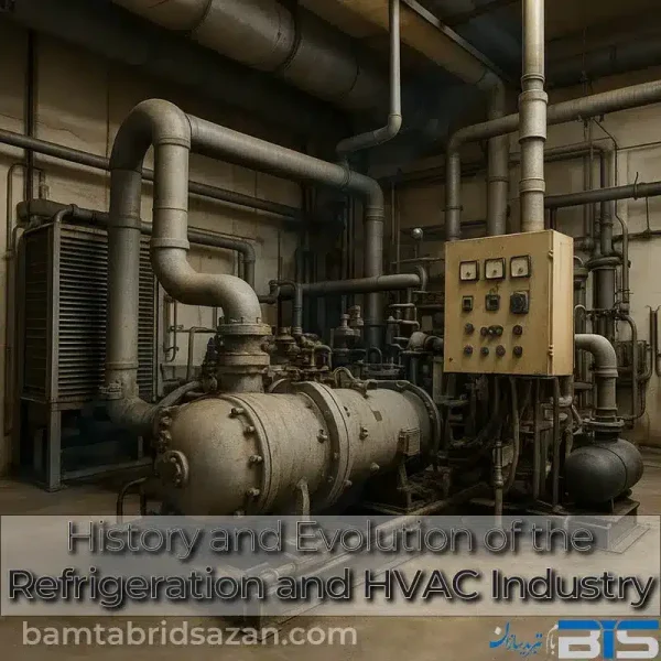 Industrial refrigeration and HVAC system in an old cold storage facility with mechanical chillers and metal piping.